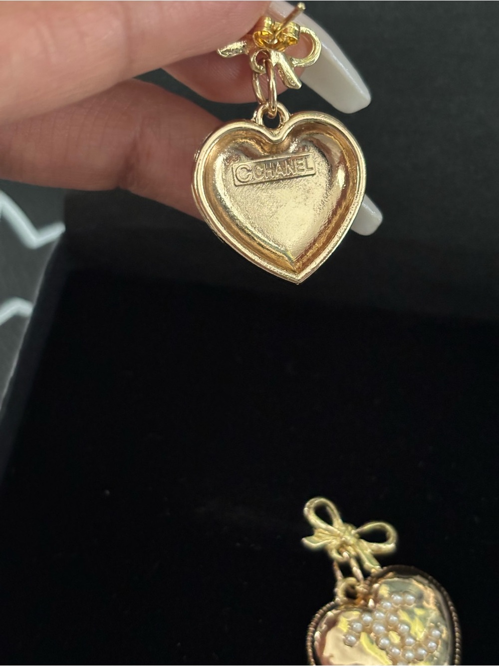 Gold Heart Drop Earrings with Pearl Logo and Bow Accent - Picture 5 of 5